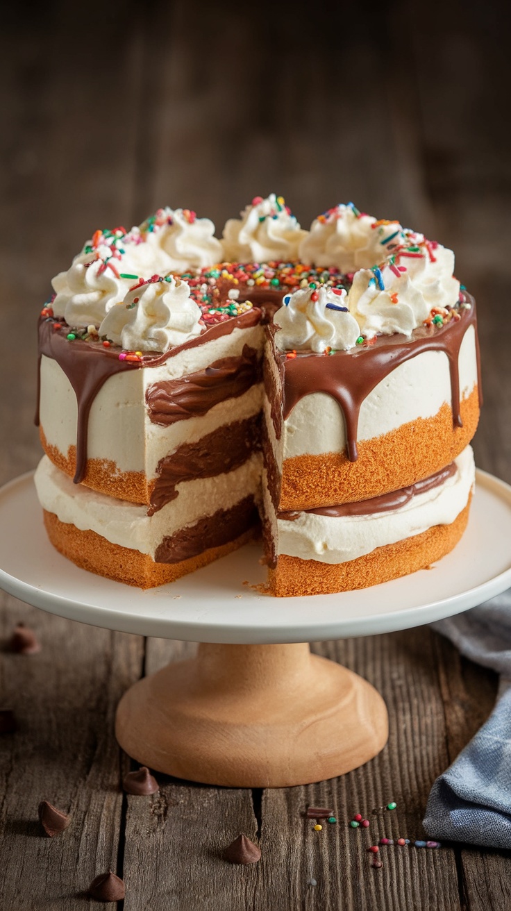 Boston Cream Donut Poke Cake A slice of Boston cream donut poke cake with glossy chocolate ganache and whipped cream topping, on a rustic table.